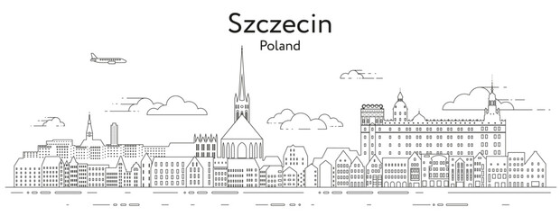 Szczecin cityscape line art vector illustration - obrazy, fototapety, plakaty