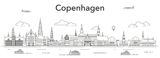Copenhagen cityscape line art vector illustration - obrazy, fototapety, plakaty