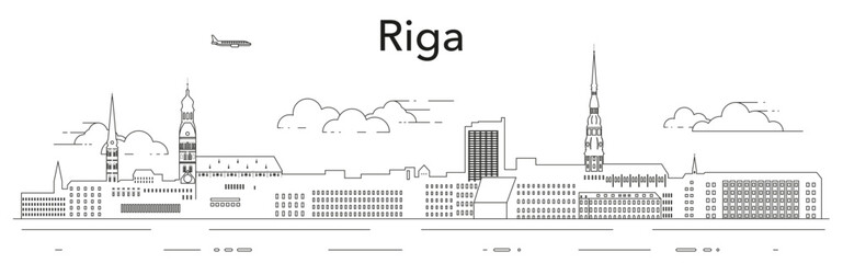 Riga cityscape line art vector illustration - obrazy, fototapety, plakaty