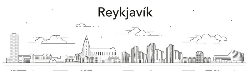 Reykjavik cityscape line art vector illustration - obrazy, fototapety, plakaty