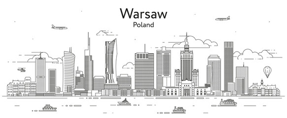 Warsaw cityscape line art vector illustration - obrazy, fototapety, plakaty