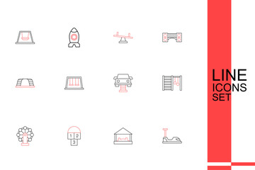 Set line Bumper car, Sandbox with sand, Hopscotch, Swing for kids, Swedish wall, Swings and Monkey bar icon. Vector