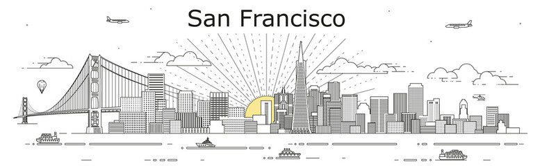 San Francisco cityscape line art vector illustration - obrazy, fototapety, plakaty