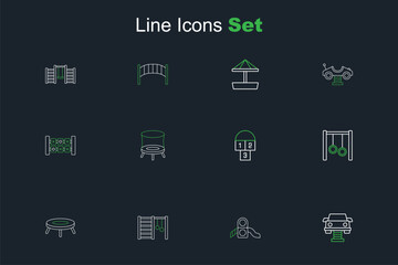 Set line Swing car, Slide playground, Swedish wall, Jumping trampoline, Gymnastic rings, Hopscotch, and Education logic game icon. Vector