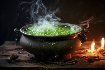 Cauldron Bubbling with Eerie Green Potion, Halloween, symbols - obrazy, fototapety, plakaty