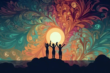 Three people, family or friends stands on the island and raises their hands to the sky. Psychedelic and fantasy illustrated backgrounds. Generative ai