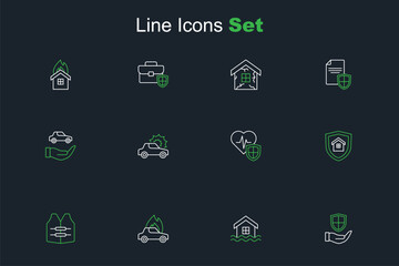 Set line Shield in hand, House flood, Burning car, Life jacket, with shield, insurance, Car and icon. Vector