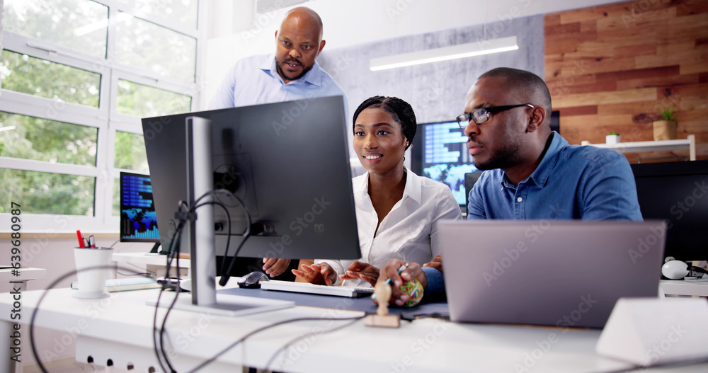 Poster african financial data analysts using dashboard on screens