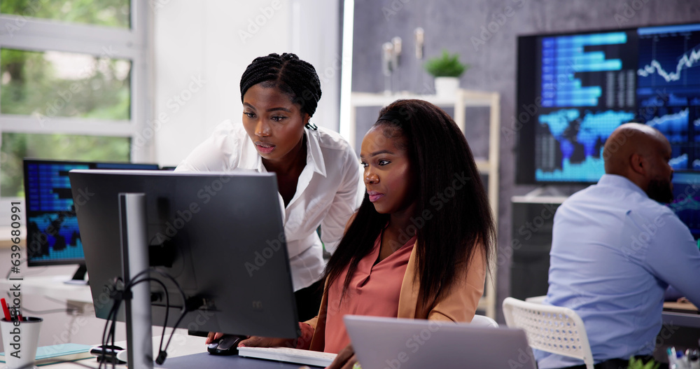 Poster african financial data analysts using dashboard on screens
