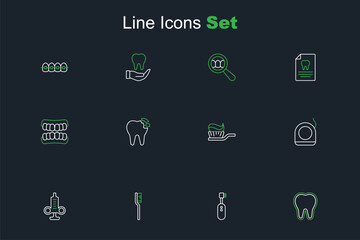 Set line Tooth, Electric toothbrush, Toothbrush, Syringe, Dental floss, with toothpaste, Broken and Dentures model icon. Vector