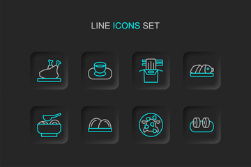Set line Sushi, Kung Pao chicken, Ramen soup bowl, Fish with sliced pieces, Asian noodles in paper box, Soy sauce and Roasted turkey or icon. Vector