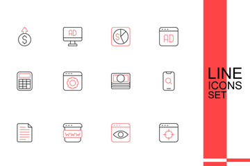 Set line Target financial goal, Personal information collection, Browser window, File document, Magnifying glass and mobile, Stacks paper money cash, setting and Calculator icon. Vector