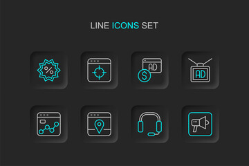 Set line Megaphone, Headphones, Infographic of city map, Market analysis, Advertising, Target financial goal and Discount percent tag icon. Vector