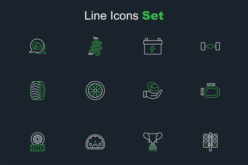 Set line Racing traffic light, Award cup, Speedometer, Car tire wheel, Check engine, helmet, Stopwatch and icon. Vector