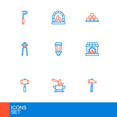 Set line Hammer, Anvil and hammer, Sledgehammer, Blacksmith oven, pliers tool, Garden light lamp, Gold bars and icon. Vector