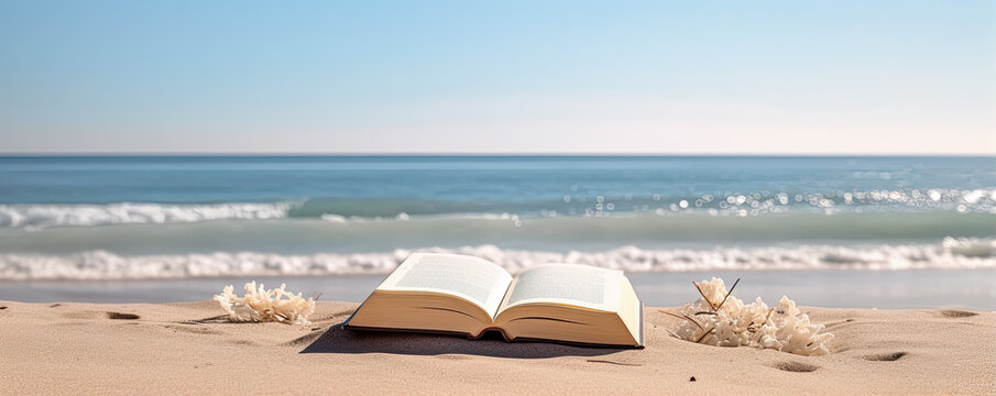 Book on the beach. Relaxation and well-being by the sea. generative ai