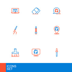 Set line Eyedropper color picker palette, Paint spray, brush, Pencil with eraser, and Eraser rubber icon. Vector