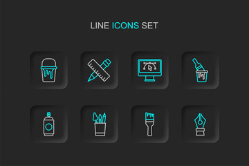 Set line Fountain pen nib, Paint brush, Pencil case stationery, spray can, bucket with, Computer design program, Crossed ruler and pencil and icon. Vector