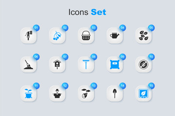 Set Shovel, Bird house, Fresh berries, Plant in pot, Seeds of specific plant, Stop colorado beetle, Garden hose and rake icon. Vector