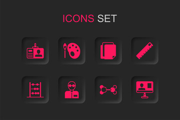 Set Teacher, Paint brush with palette, Identification badge, Molecule, Ruler, Online class, File document and Abacus icon. Vector