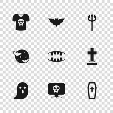 Set Skull, Tombstone with cross, Coffin christian, Vampire teeth, Trident devil, Shirt skull, Flying bat and Moon and stars icon. Vector