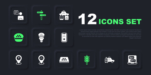 Set Taxi car, mobile app, driver, Traffic light, cap, Location taxi, Road traffic sign and roof icon. Vector