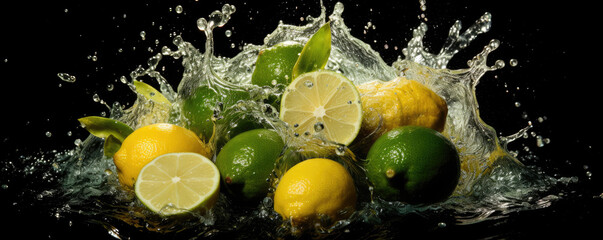 Photo of limes in splashing water. Black background. Generative AI