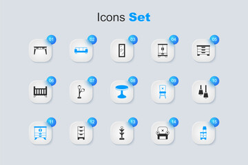 Set Armchair, Floor lamp, Sofa, Chest drawers, Furniture nightstand with, Lamp hanging, Office desk and Round table icon. Vector