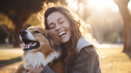 A beautiful woman laughing while her pet is licking her face in a sunny day in the park in Madrid. The dog is on its owner between her hands. Family dog outdoor lifestyle