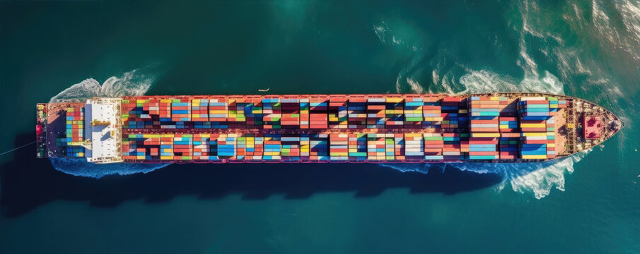 Aerial view of a cargo ship sailing on the ocean generative ai