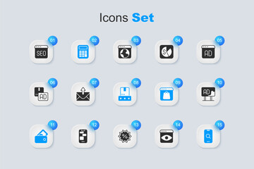 Set Personal information collection, Mail and e-mail, Calculator, Wallet with money, Magnifying glass mobile, Advertising, SEO optimization and Consumer product rating icon. Vector