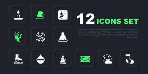 Set Christmas night, stocking, Candy, Envelope, ball, Santa Claus hat and tree icon. Vector