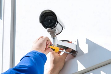 Technician Fixing Camera On Wall