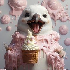 Penguin eats ice cream in a cafe. copyspace. Concept: animal themed poster and design
