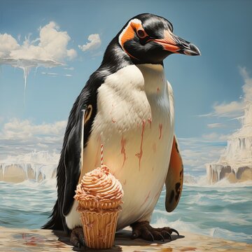 Penguin eats ice cream in a cafe. copyspace. Concept: animal themed poster and design
