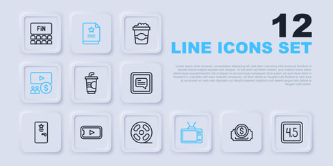 Set line Cinema ticket, Rating movie, Paper glass with water, Retro tv, auditorium screen, Online play video, Scenario and Film reel icon. Vector