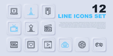 Set line Camera shutter, Movie, film, media projector, trophy, Cinema ticket, Retro tv, Like heart, and Online play video icon. Vector