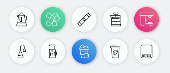 Set line Iced coffee, Coffee machine, Tea bag, cup to go, French press, Sugar stick packets, Electronic scales and Electric grinder icon. Vector