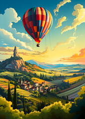 Travel Poster - Hot Air balloon in countryside landscape