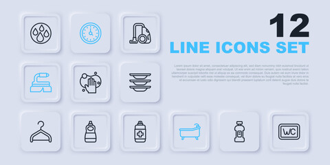 Set line Bottle for detergent, Toilet, Sponge, Bathtub, Brush cleaning, Dishwashing liquid bottle, Clock and Antibacterial soap icon. Vector