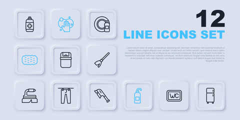 Set line Toilet, Refrigerator, Trash can, Antibacterial soap, Sponge, Drying clothes, and Brush for cleaning icon. Vector