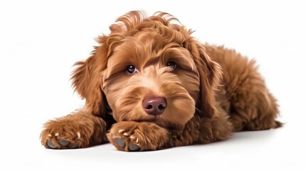 Adorable red / abricot Labradoodle dog puppy, laying down side ways, looking towards camera with shiny dark eyes. Isolated on white background. Mouth open showing pink tongue