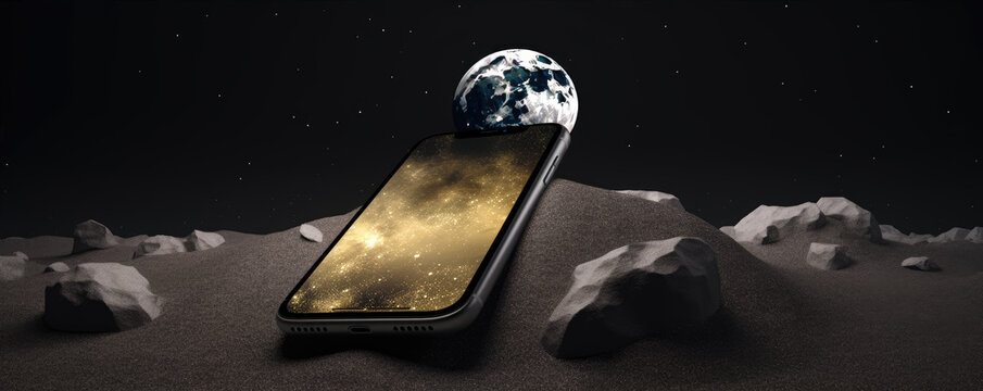 Digital art of mobile phone placet on rocky in the lunar surface. generative ai