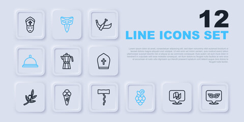 Set line Flag Italy, Carnival mask, Coffee maker moca pot, Grape fruit, Covered with tray food, Ice cream in waffle, and Wine corkscrew icon. Vector