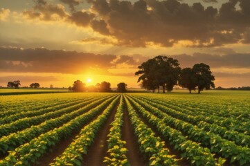 soybean plantation during sunset, with the vibrant colors of the setting sun casting a golden glow over the fields, highlighting the lush green soybean plants	