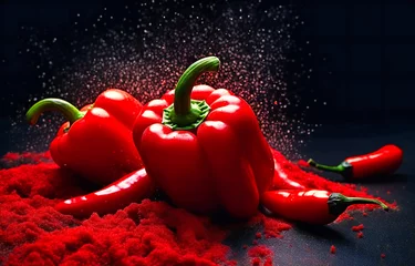 Fotobehang Vibrant red peppers rest on a dark canvas, crowned with a dusting of powder, a tantalizing composition of color and flavor. © MDRAKIBUL