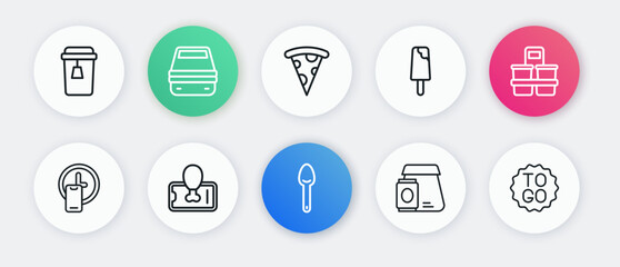 Set line Spoon, Coffee cup to go, Round the clock delivery, Online ordering food, Ice cream, Slice pizza, and Food mobile icon. Vector