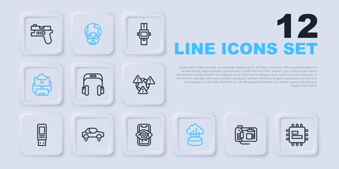 Set line Motherboard, Processor CPU, Headphones, Network cloud connection, Cloud database, Fantastic flying car, Planet earth and radiation and Computer vision icon. Vector