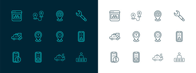 Set line Wrench spanner, Taxi mobile app, Location taxi car, Broken, with star, and Route location icon. Vector