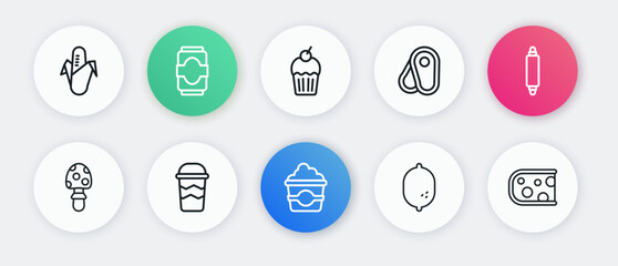 Set line Popcorn in cardboard box, Rolling pin, Fly agaric mushroom, Lemon, Steak meat, Muffin, Cheese and Coffee cup to go icon. Vector